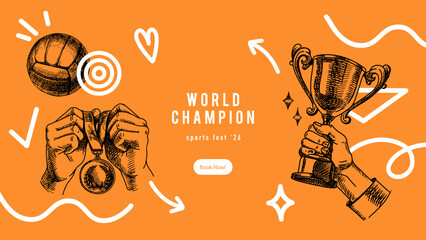 Vector doodle sketch sport background. Collage with trophy and ball hand drawn illustration. Poster, certificate, diploma design.