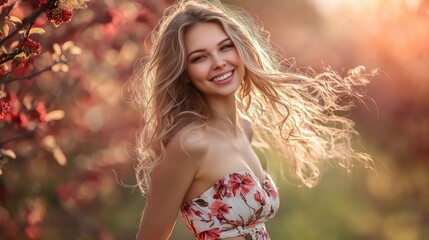 Fototapeta premium Radiant Woman in Blooming Orchard