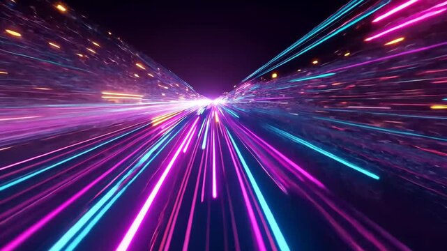 Abstract cosmic view into a digital, futuristic horizon with neon lights and dark background
