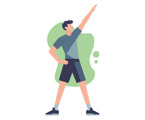Fitness workout, yoga and pilates pose. Flat vector of man exercising with raised arm. Healthy man doing physical exercise, warming up. Flat vector illustration isolated on white background.