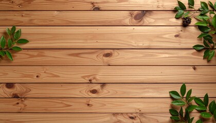 Fototapeta premium Natural Wellness Background Wooden Texture Green Leaves Pine Cone.