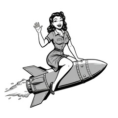 Retro Cartoon Woman Illustration Riding Rocket Ship With Transparent Background
