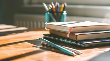 Sunlit Wooden Study Table with Stacked Textbooks and Pencils, Warm Natural Lighting on Education Supplies, Back to School Still Life Composition with Copy Space