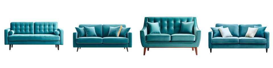 Fototapeta premium Teal Velvet Sofas: Stylish Living Room Furniture on White