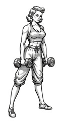 Retro Fitness Woman with Dumbbells Illustration Transparent Background