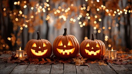 Three glowing jack-o'-lantern pumpkins with candles and autumn leaves on wooden table in spooky forest
