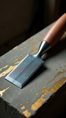 A metal chisel rests on a wooden surface, showcasing craftsmanship and attention to detail.