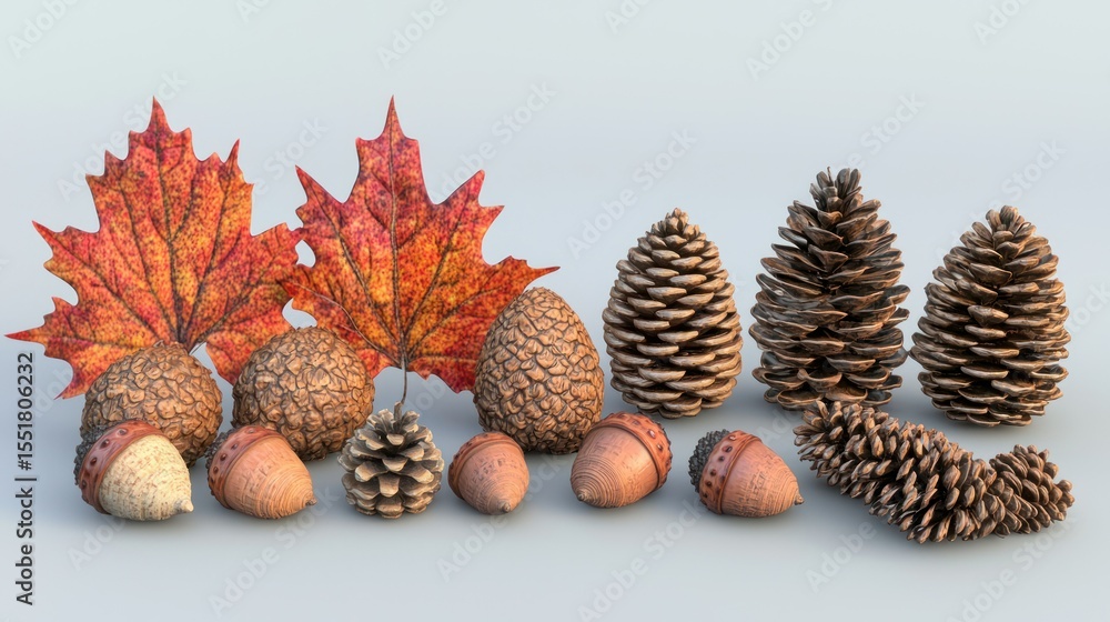 Poster 3d render of acorn and fall pinecone set