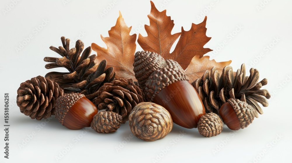 Poster 3D render of acorn and fall pinecone set