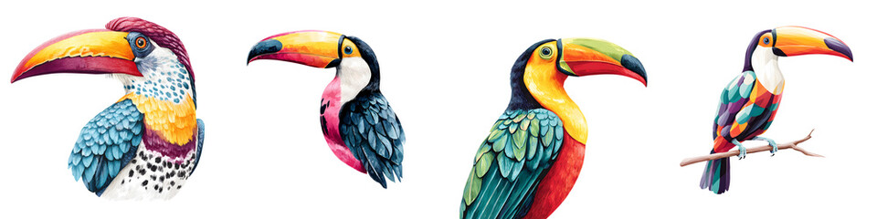 Fototapeta premium Watercolor Toucans: Colorful Tropical Birds Illustration Set