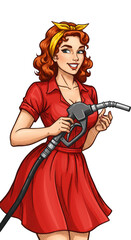 Retro Pixel Art Woman with Gas Pump on Transparent Background