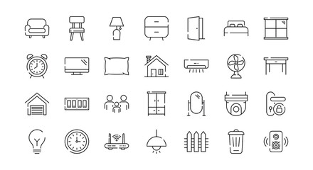 House Icon Set – Minimal Line Icons for Home, Furniture, and Smart Living Elements