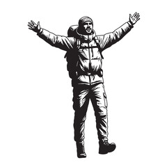 Obraz premium Enthusiastic hiker celebrates with open arms vector illustration in black and white style