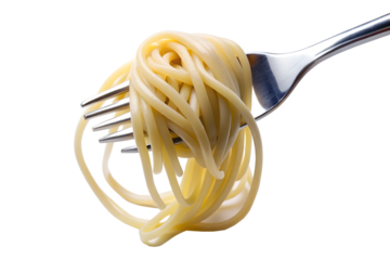 Close up of cooked spaghetti noodles twirled on a metal fork isolated on transparent background