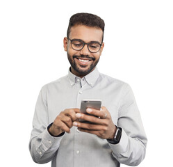 Young handsome man looking at smartphone isolated transparent PNG, Smiling businessman using mobile phone