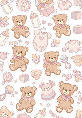Obraz premium Seamless Pattern Of Cute Teddy Bear Toys And Baby Items Illustration