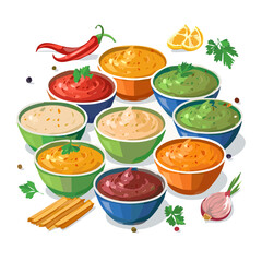 Variety of delicious dipping sauces in bowls with fresh ingredients.