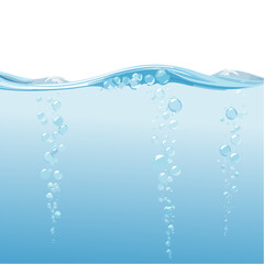 Underwater scene with rising bubbles and a distant mountain range