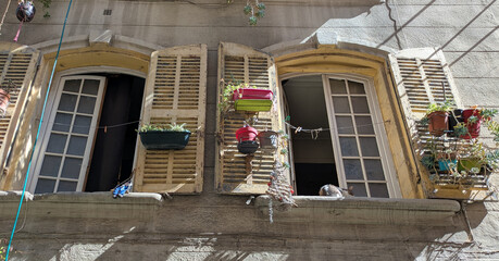 Old French windows with wooden shutters, colorful flower pots, and a cat basking in the sunlight. Le Panier, Panier district, Marseille, France