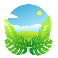 Obraz premium Tropical Landscape with Palm Leaves and Summer Sun - Vector Illustration
