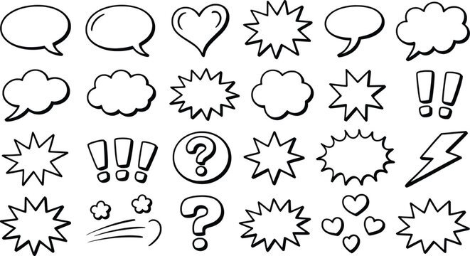Comic Speech Bubble and Symbol Set, Hand-Drawn Exclamation, Heart, Cloud Icons.
