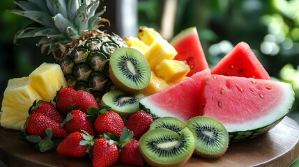 Summer Fruit Platter: A Delightful Mix of Strawberries, Pineapple, Watermelon, and Kiwi