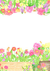 Hand drawn watercolor wildflowers and leaves in pots and boxes postcard. Flower of the field isolated on white background. Can be used for postcard, poster, scrapbook and other printed products.