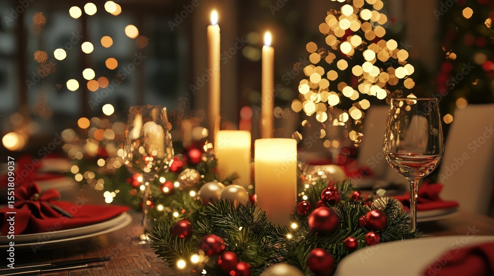 Poster 3d render of christmas table setting with candles
