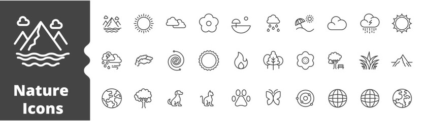Nature icon line set. editable stroke. vector illustration ,nature, summer, space universe, flower, dog, cat, animal, paw, clouds,earth