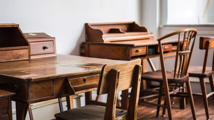 Antique Wooden School Desks and Chairs in Sunlit Vintage Classroom, Retro Education Furniture Set with Natural Texture, Empty Academic Space with Copy Space