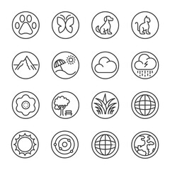 nature icon line circle set. editable stroke. vector illustration ,nature, summer, space universe, flower, dog, cat, animal, paw, clouds,earth