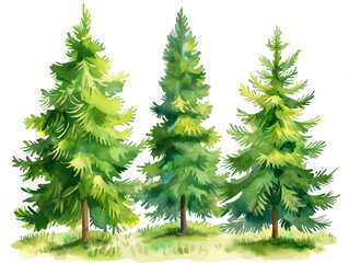 Watercolor illustration of green firs on white background