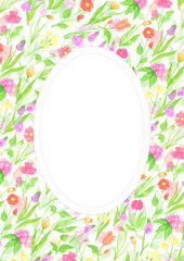 Hand drawn watercolor wildflowers and leaves postcard wreath frame border. Flower of the field isolated on white background. Can be used for postcard, invitation, scrapbook and other printed products.