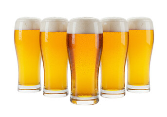 Realistic Image of Five Golden Beer Glasses Refreshment with Foam