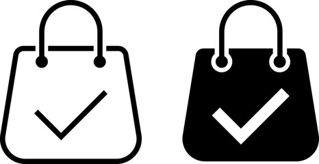 shopping bag with tick mark icon set .  online order confirmation. paper bags sign.  purchase success symbol
