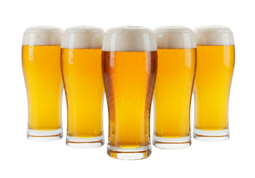 Realistic Image of Five Golden Beer Glasses Refreshment with Foam