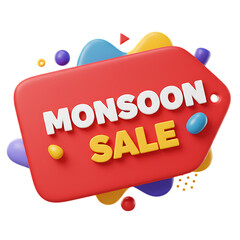 Monsoon Sale 3D Rendered Tag, Vibrant Colors, Playful Mood, Retail Promotion tag label cta button design png 3D illustration callout button