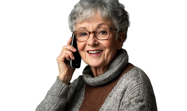 Happy senior woman smiling and talking on a phone while wearing cozy sweater in natural light, expressing warmth and contentment at home