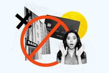 3D collage design composite trend artwork sketch of young lady shocked face sign stop transaction...