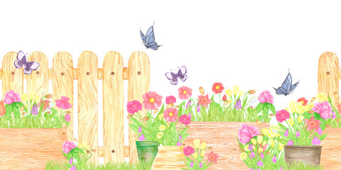 Hand drawn watercolor blooming flowers in pots and boxes. Palisade composition seamless border isolated on white background. Can be used for textile, postcard, scrapbook and other printed products.