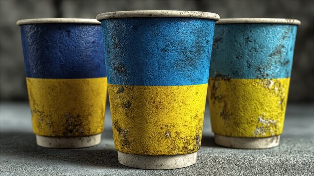 Colorful cups representing Ukraine's flag stand together on a textured surface in a creative arrangement - Powered by Adobe