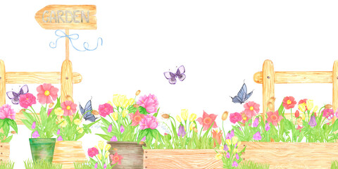 Hand drawn watercolor blooming flowers in pots and boxes. Palisade composition seamless border isolated on white background. Can be used for textile, postcard, scrapbook and other printed products.