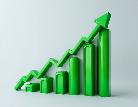 3d green stock market chart going up, white background