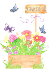 Hand drawn watercolor wildflowers and leaves in a box. Palisade composition isolated on white background. Can be used for postcard, label, scrapbook and other printed products.