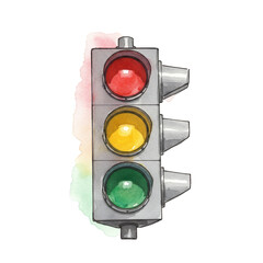 Traffic Light Watercolor Illustration Red Yellow and Green Signal on Road
