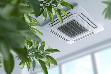 Cassette air conditioner on the ceiling in a modern light office or apartment with green ficus plant leaves. Indoor air quality and clean filters concept. MARYAM