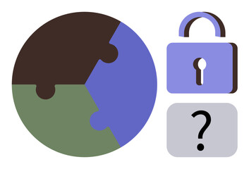 Globe with puzzle patterns, padlock showing security, and question mark symbolizing inquiry. Ideal for global security, problem-solving, innovation, encryption, cybersecurity, data protection