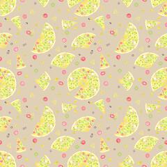 Hand drawn watercolor pizza and vegetables seamless pattern. Illustration of cut pieces isolated on grey background. Can be used for textile, fabric, scrapbook and other printed products.