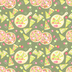 Hand drawn watercolor cheese and tomato pizza slices on the wooden cutting board seamless pattern isolated on grey background. Can be used for textile, fabric, scrapbook and other printed products.
