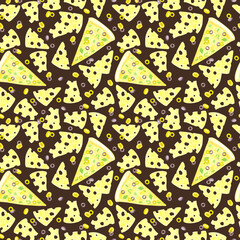 Hand drawn watercolor cheese olives and pizza slices on the wooden cutting board seamless pattern isolated on dark background. Can be used for textile, fabric, scrapbook and other printed products.